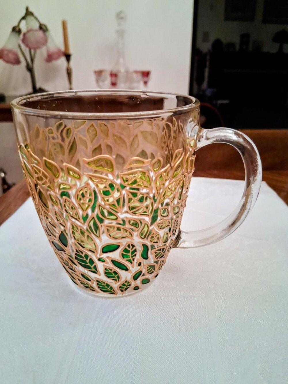 NWOT ArtMasha Brovary, Ukraine Green Leaves Handmade Glass Mug